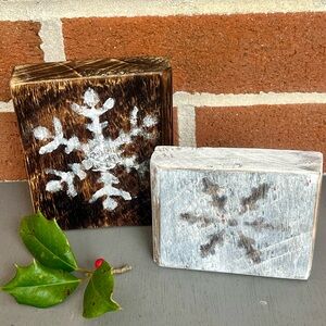Wood Snowflake Shelf Sitter Set Rustic Handmade